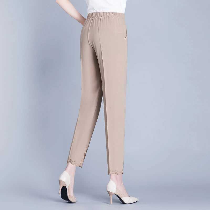 Cool Women's Pants Capris Summer Bottom Embroidered Chiffon Pants Women's Thin High Waist 2025 Elastic Loose Straight Leg Pants Women'