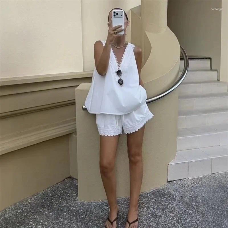 White Lace Trim V Neck Two Piece Set For Women Loose Tank Top Drawstring Embroidered Shorts Casual Summer Vacation Outfit