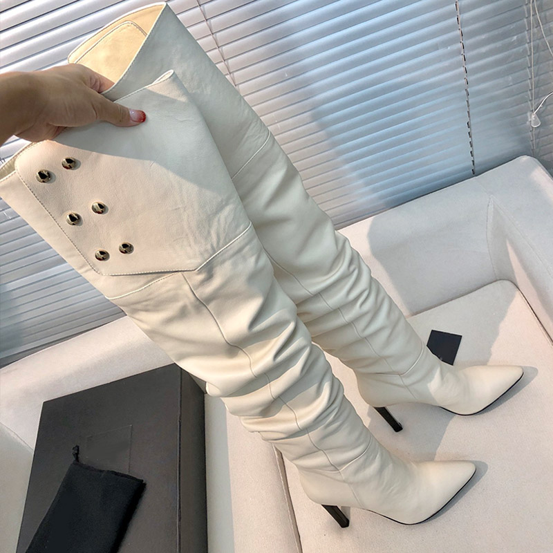 Designer Fashion Pointed Toe Thin Heels Thigh-High Boots Mirror Quality Cowhide Foldable Tube Boots Street Party Dressing Stylish Sexy Style