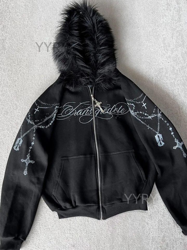 Printed Hoodie Sweatshirt Men Women Oversized Gothic Script Lettering Chain Faux Fur Hood Zip Up, Gift for Harajuku Fans