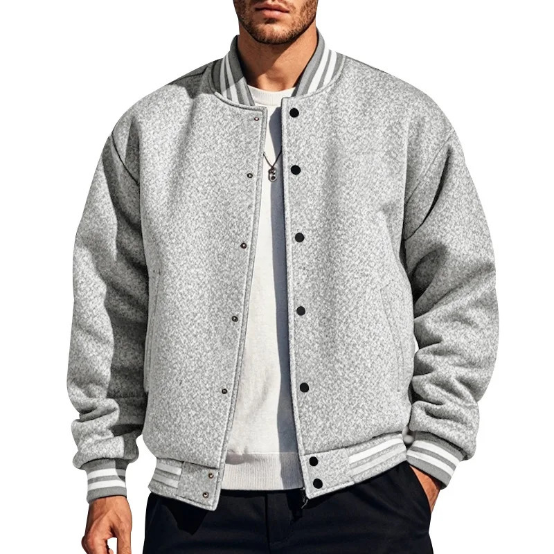 Men's Fleece Er Jacket Autumn Winter American Style Loose Stand Collar Solid Color Air Force Sports Casual Baseball Coat 261010