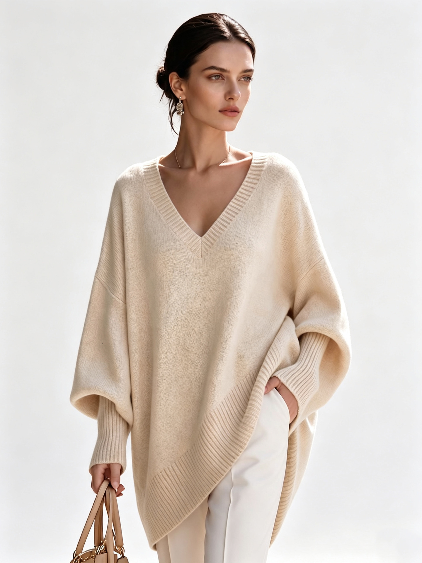 2026 New Designer European And American Cross-border Medium Long Solid Color Lantern Sleeves Fashion Versatile V-neck Women's Sweater Knitted T