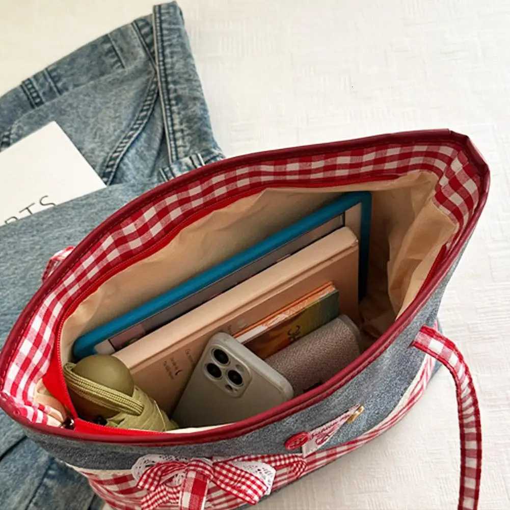Evening Bags Lattice Lace Bow Shoulder Bag Lovely Rural Style Denim Plaid Handbag Leisure Vintage Commuting Tote Bag Women H261016