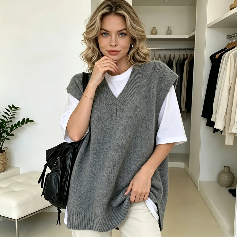 Women's Sweater Vest Autumn Vneck Sleeveless Loose Knitted Pullovers Winter Base Casual Solid Color Knitwear Tops 261009
