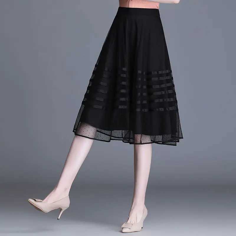 Elegant Striped Spliced Skirts Fashion Gauze Skirts Women's Clothing Summer New Loose Office Lady Zipper High Waist Skirts W261017