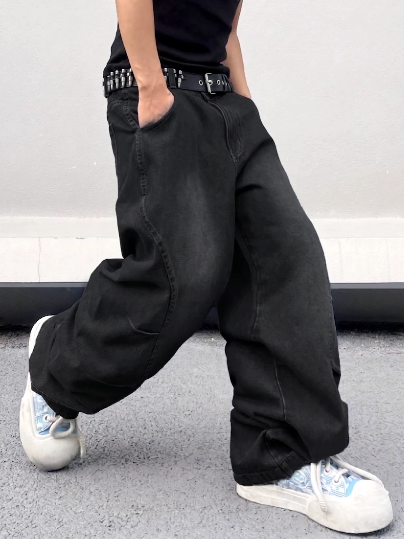 Men's Solid Black Washed Extra Wide-Leg Jeans Streetwear Hip-Hop Style Floor-Length Straight Trousers with Heavy Drape 261013