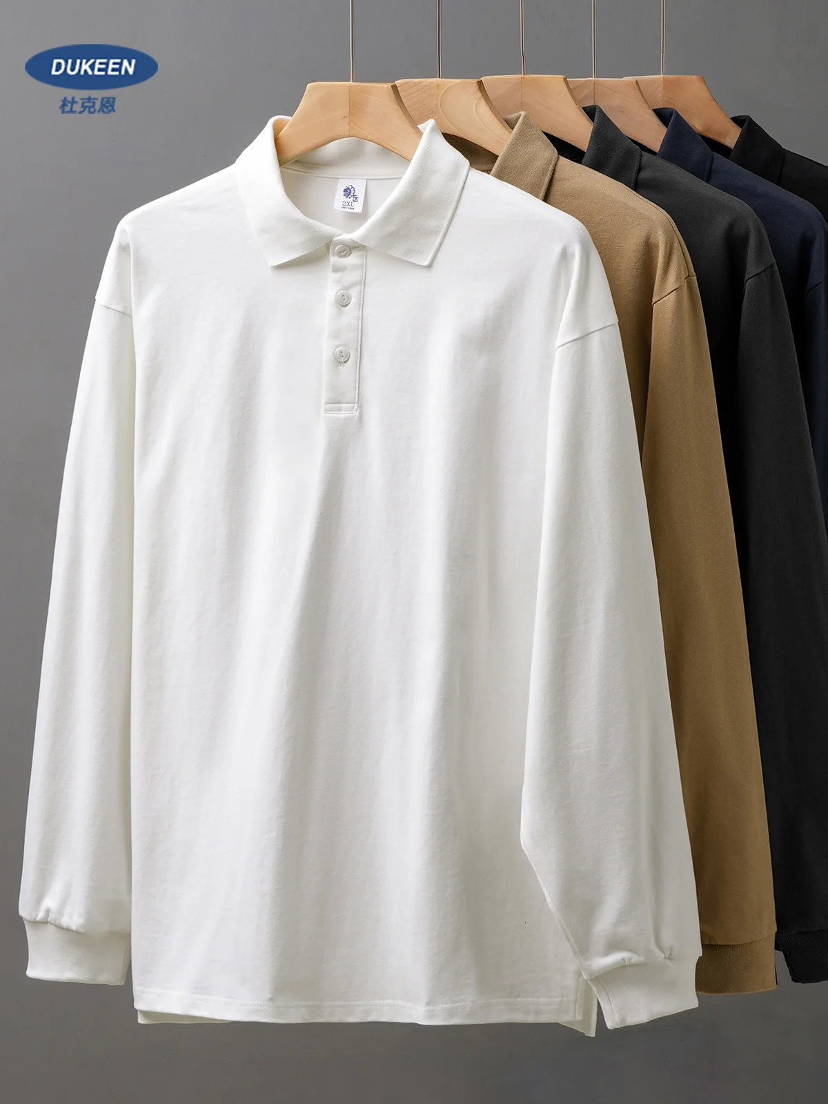 DUKEEN 11.02 Oz Heavyweight Men's Long Sleeve Polo Shirts Autumn 100% Cotton Solid Color T Shirts Men Casual White Tops 261014