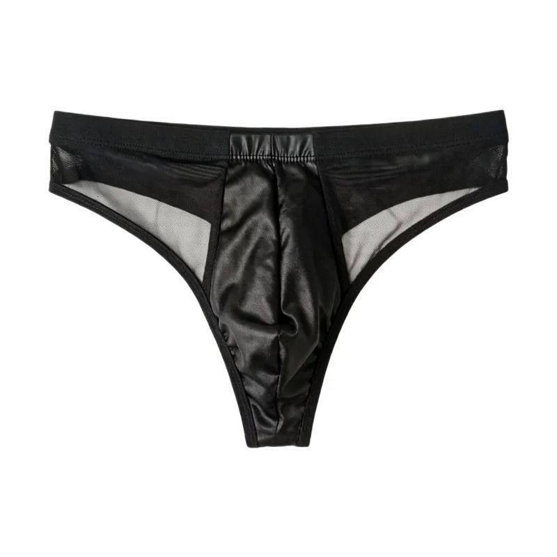 Sexy Men Low Rise Triangle Underwear PU Leather Front Spliced Breathable Mesh Sides Transparent Tback Briefs 260924