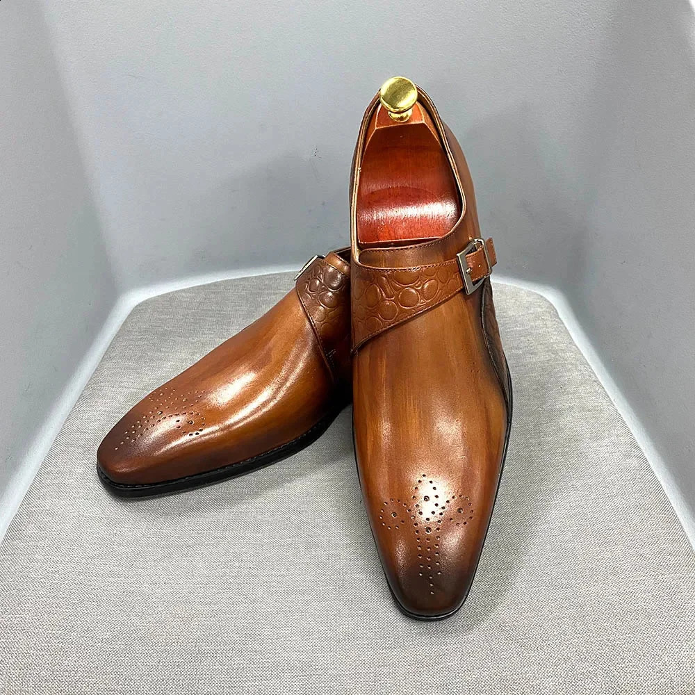 Men's Embossed Crocodile Pattern Monk Strap Cowhide Leather Shoes Pointed-Toe Formal Banquet Wedding Black Brown 261013