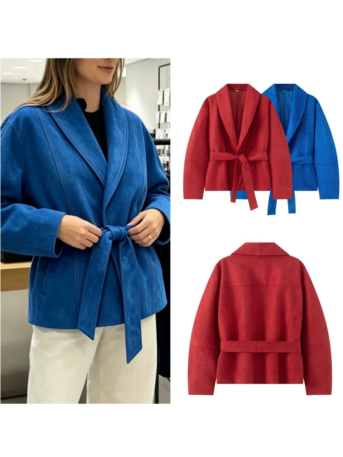New foreign trade style: European American-inspired casual fashionable long-sleeved jacket with decorative waist belt, stylish collar, and a solid c