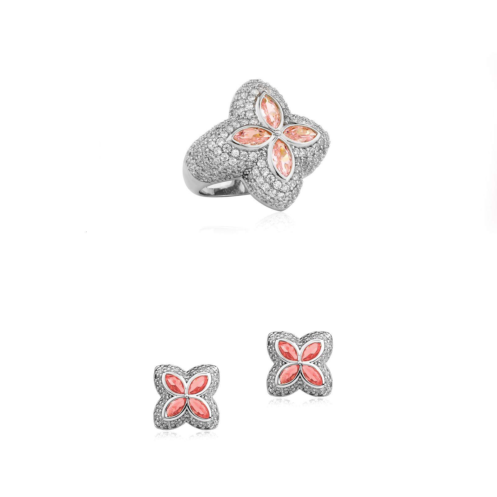 V brand ring European and American Cross-Border Amazon Flower Shape Men's Hip-Hop Micro-Inlaid Zircon Four-Leaf Clover Ring Earring Set