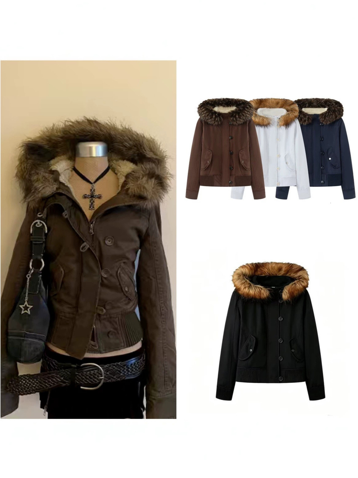 New foreign trade style: American retro, trendy, stylish detachable fur-collar, fleece-lined, warm, hooded jacket for autumn and winter
