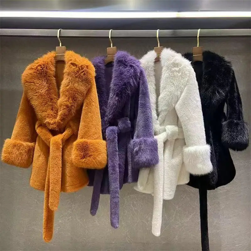 y High Quality Large Fur Collar Coat Belt Slim Jacket Women Winter Warm EcoFriendly Mink Premium Tops 261016