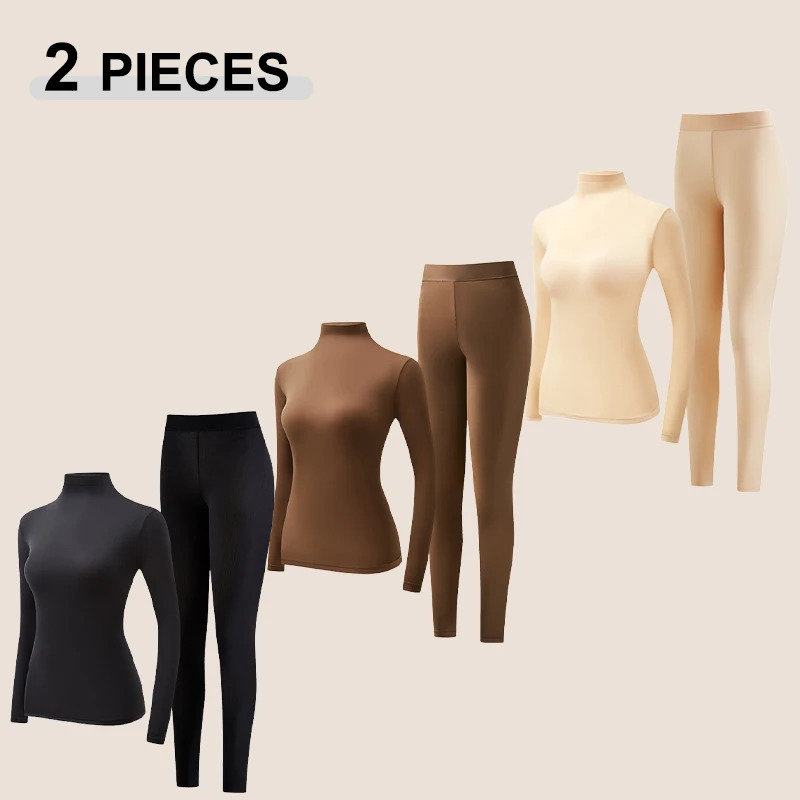1 Sets Autumn Winter Stacked Collar High Beauty Skin Clothe Closefitting Warm Long Sleeved Elastic Base Layer Set 261012