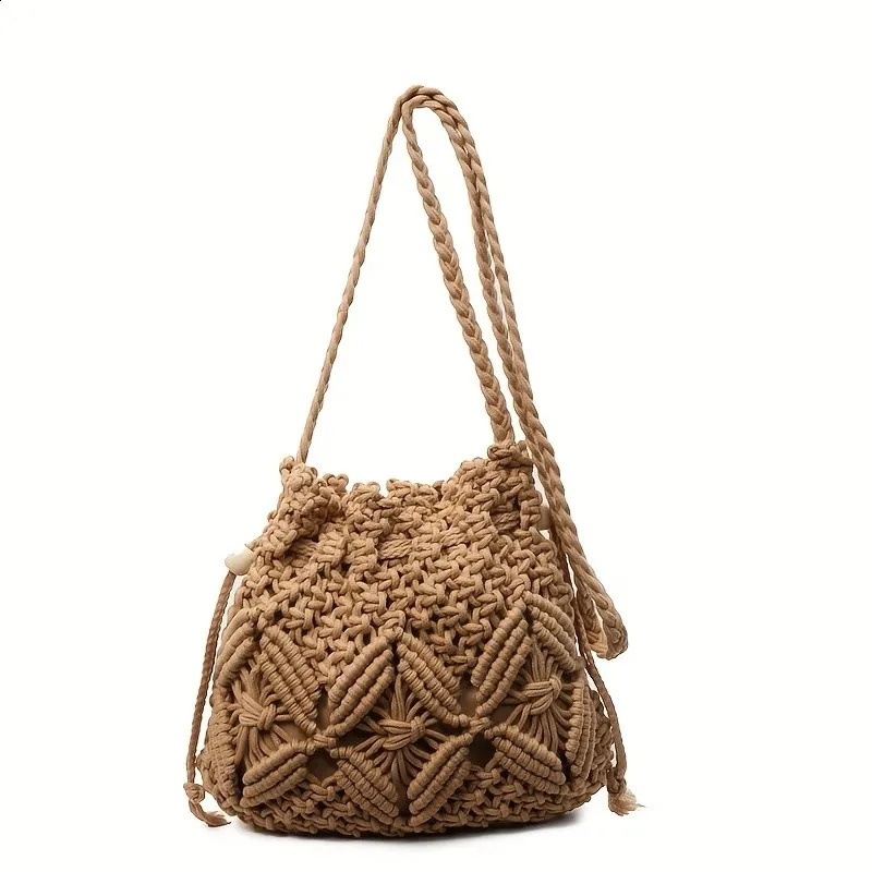 Boho Macrame Bucket Bag Handmade Woven Drawstring Shoulder Summer Beach Crossbody Purse for Women 261017