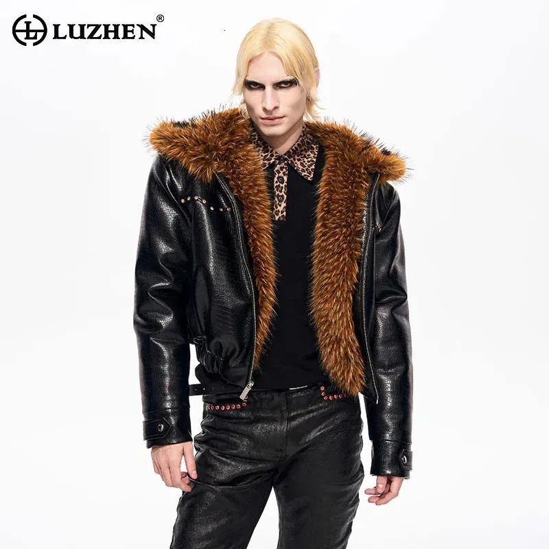 LUZHEN Fur High Quality Faux 2026 Liner Warm Winter Hooded Leather PU Jacket Men's Street Rivet Metal Decorate Parka Coat JY9164 261014