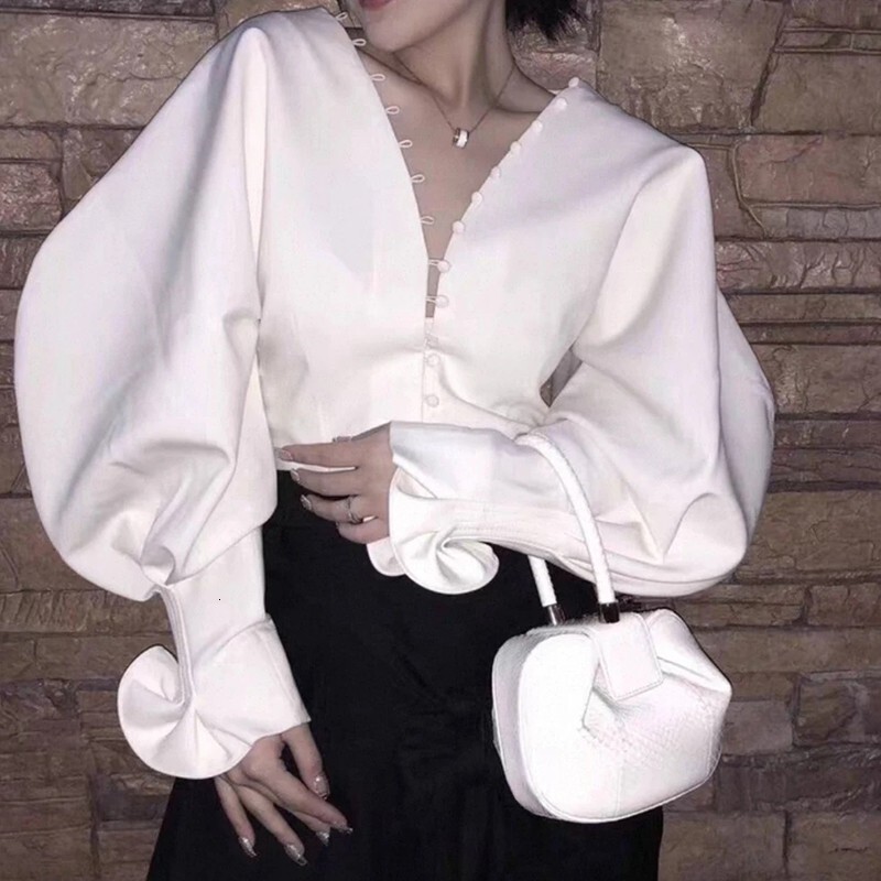 MEXZT Elegant White Shirts Women Fashion Streetwear V Neck Blouses Office Ladies Korean Puff Long Sleeve Slim Design Tops New