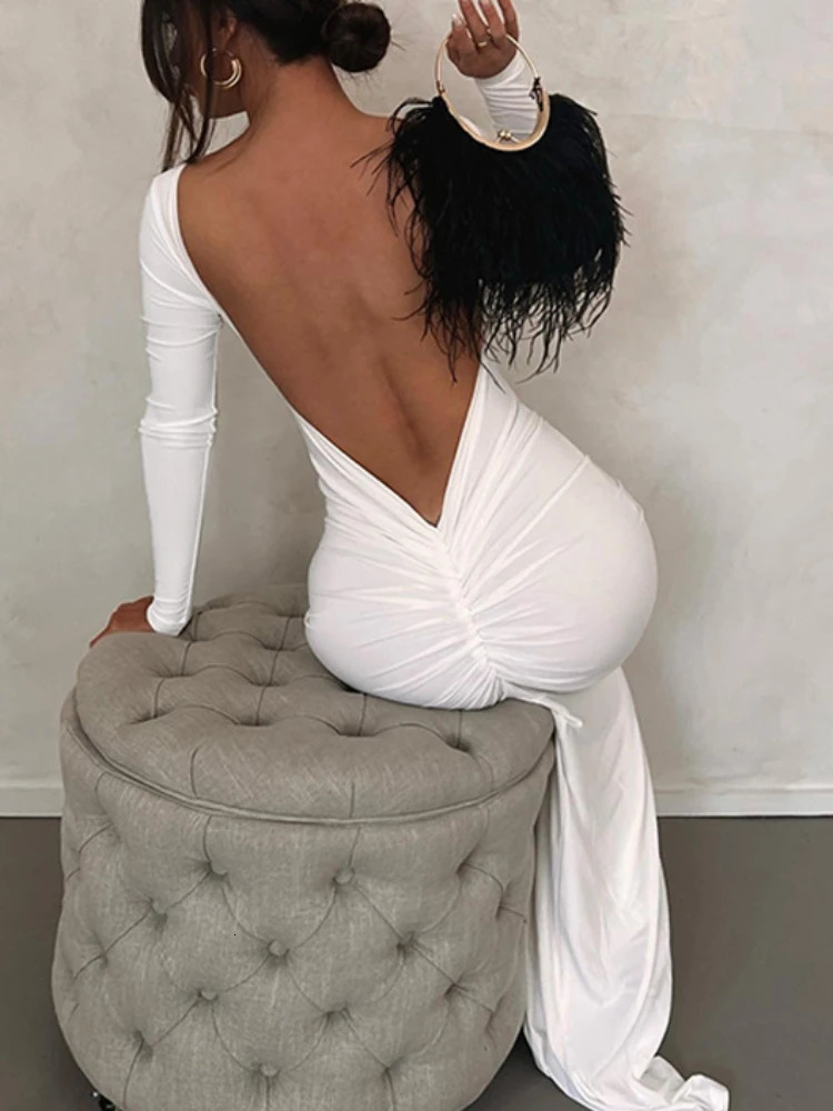 Sexy Deep V Backless Pleating Slim Bodycon Long Dress Women Long Sleeved Solid Color Maxi Dress Evening Club Party Vestidos 261015