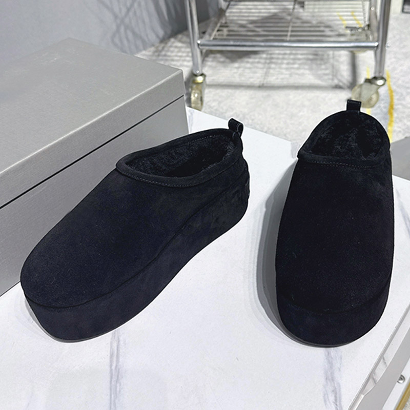 Womens Alaska Soft Platform Mule Black Split Calfskin Synthetic Material Round Headed Ladies Warm Mules Retro Fashion Womens Snow Booties
