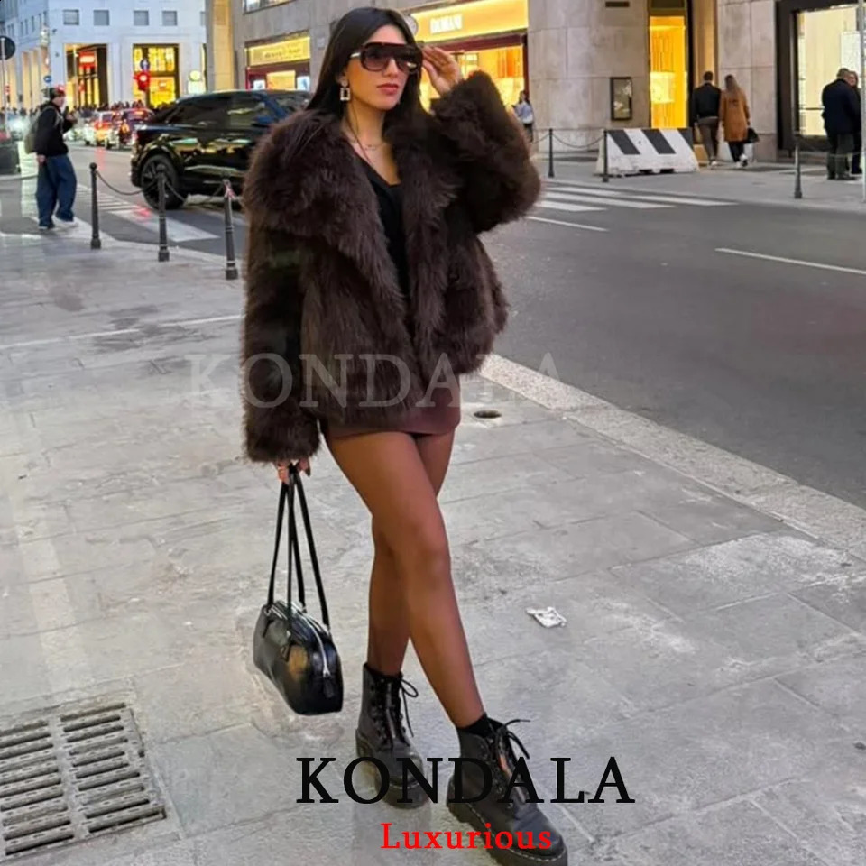 KONDALA Casual Brown Thick Fur Jacket Long Sleeve V Neck Autumn Winter Faux Coats Fashion 2025 Streetwear Outwears 261008