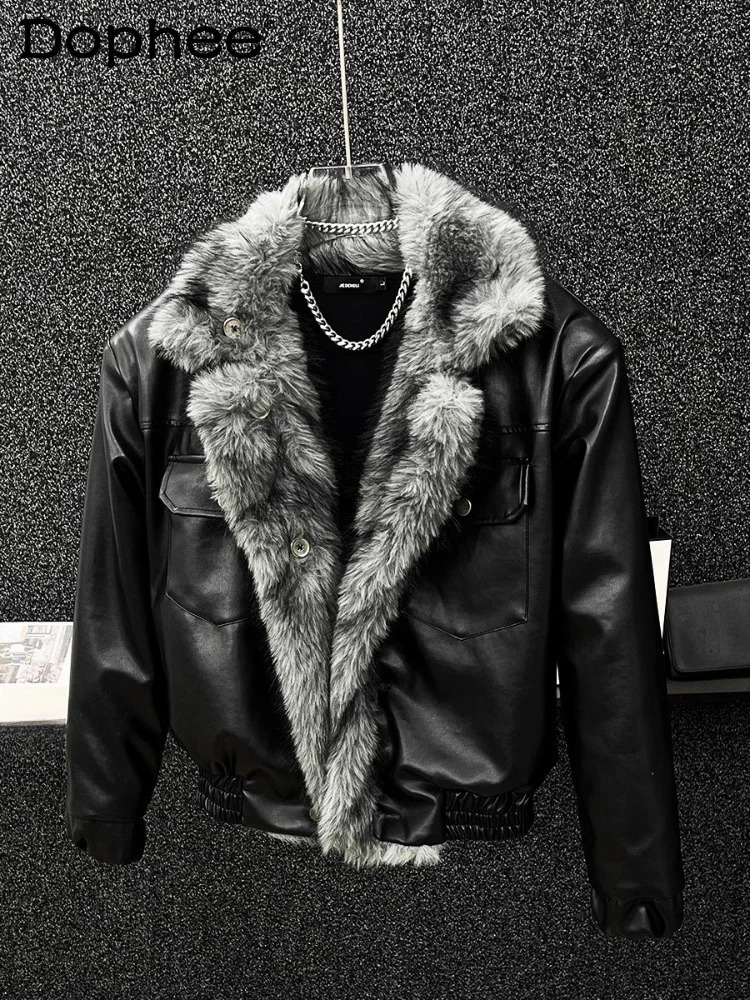 Men's 2025 Winter Thickened Warm Motorcycle Jackets Ecofriendly Fur Doublesided Wear PU Faux Integrated Coats 261012