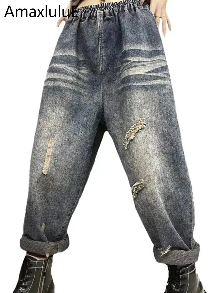 Amax luluE 2024 Spring Fashion Streetwear Womens Loose Vintage Holes Denim Pants Ladies Casual Jeans Classic Punk Harem Trousers 260911