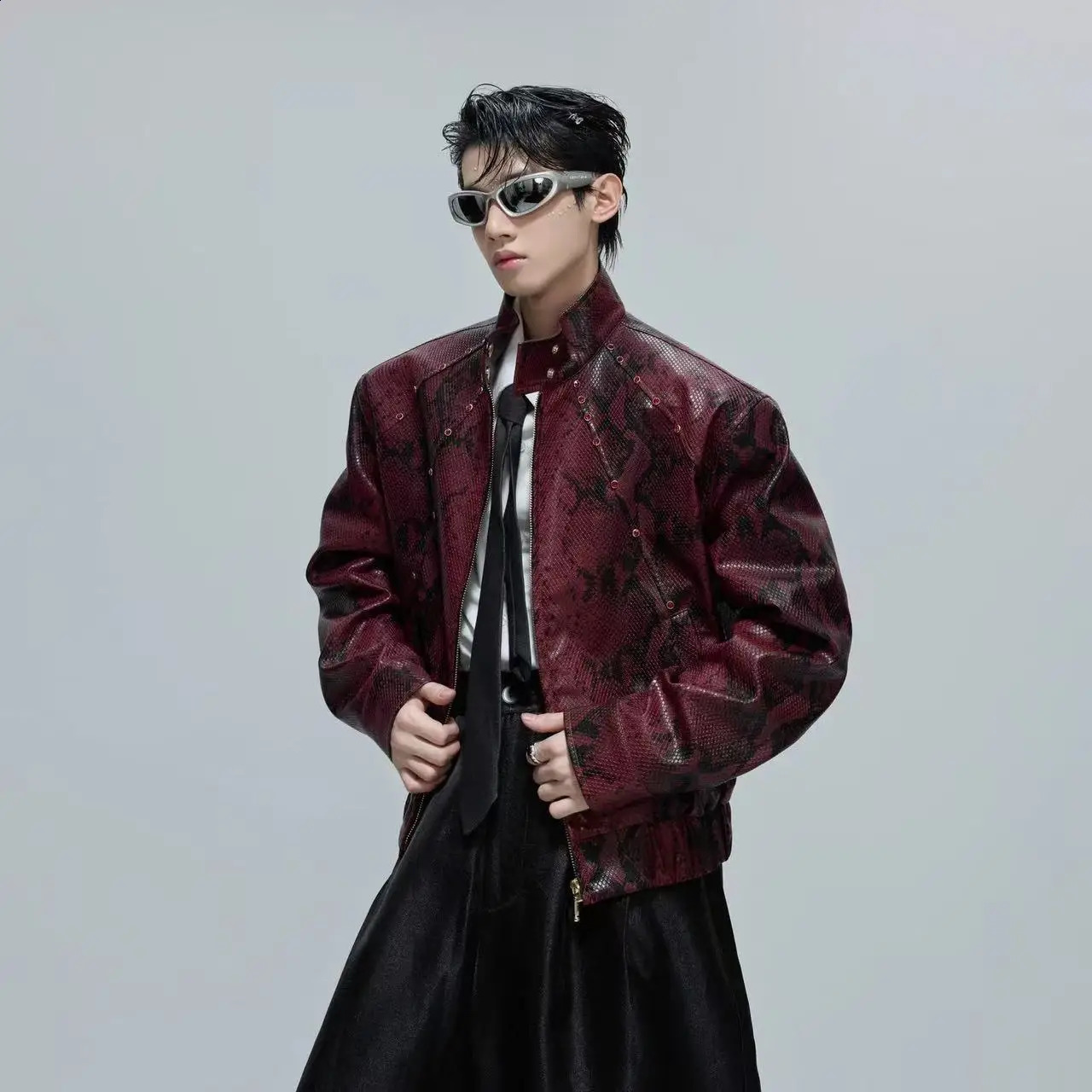 Men's PU Leather Jacket 2026 Zipper Stand Collar Python pattern Korea Fashion Darkwear Male Tops Casual Coat 261008