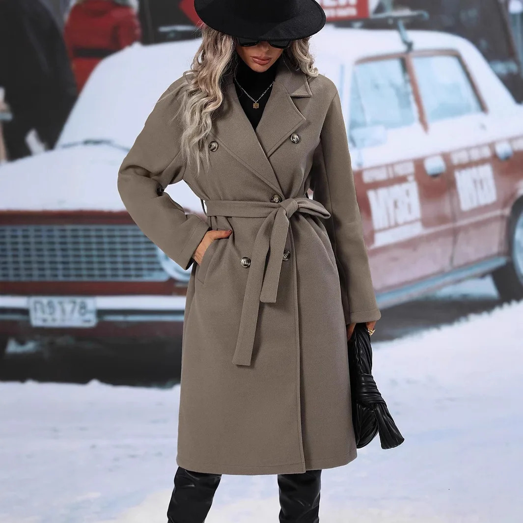 Double Breasted Belted Wool Coat Women Long Trench Winter Warm Overcoat Ladies Outerwear 261010
