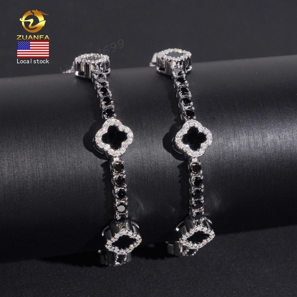 USA Local Stock 3mm Diamond Black Agate Iced Out Bracelet Hip Hop Jewelry 925 Silver Black VVS Moissanite Clover Tennis Bracelet