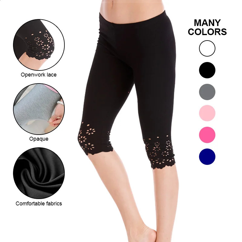Summer Women Elastic Short Leggings Cotton Knitted Hollow Out Flower Pants Female Cute Solid Safty 261016