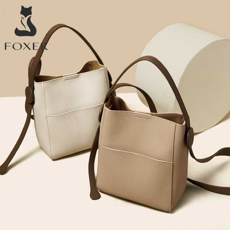 Evening Bags FOXER Split Leather Lady Crossbody Shoulder Bag Women Big Capacity Bucket Messenger Bag Top Quality Stylish Handbag Elegant Tote H26101