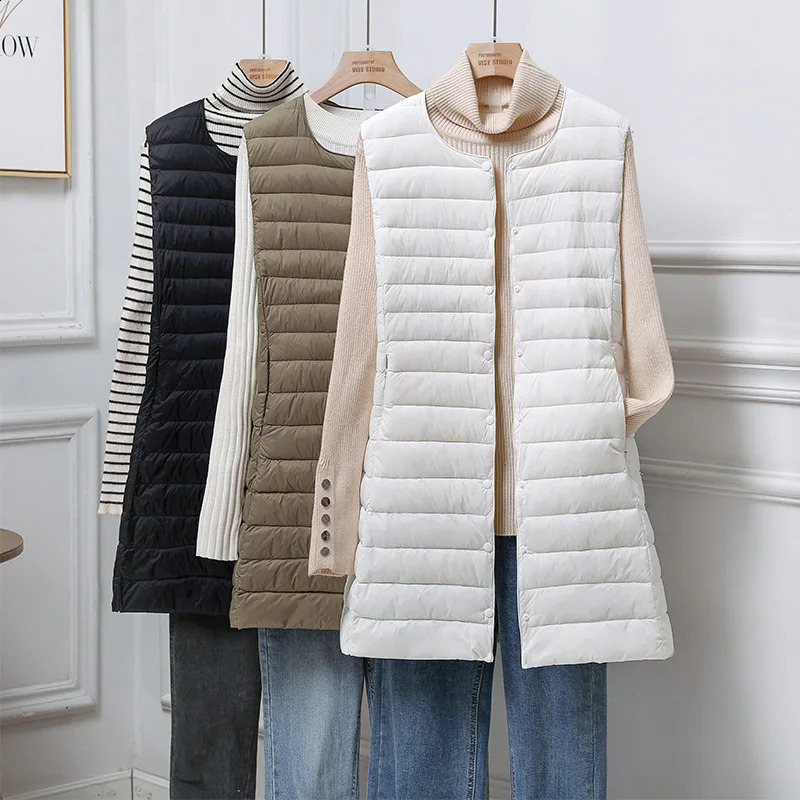 Lightweight down Vest Women's Mid-Length round Ne Autumn Winter Sle Removable Inner Vest Adjustable V-Ne Reverse Se... 261013