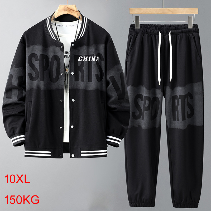 Autumn plus size men's sports suit fat trendy spring baseball jacket loose casual letter two-piece set 150kg10XL