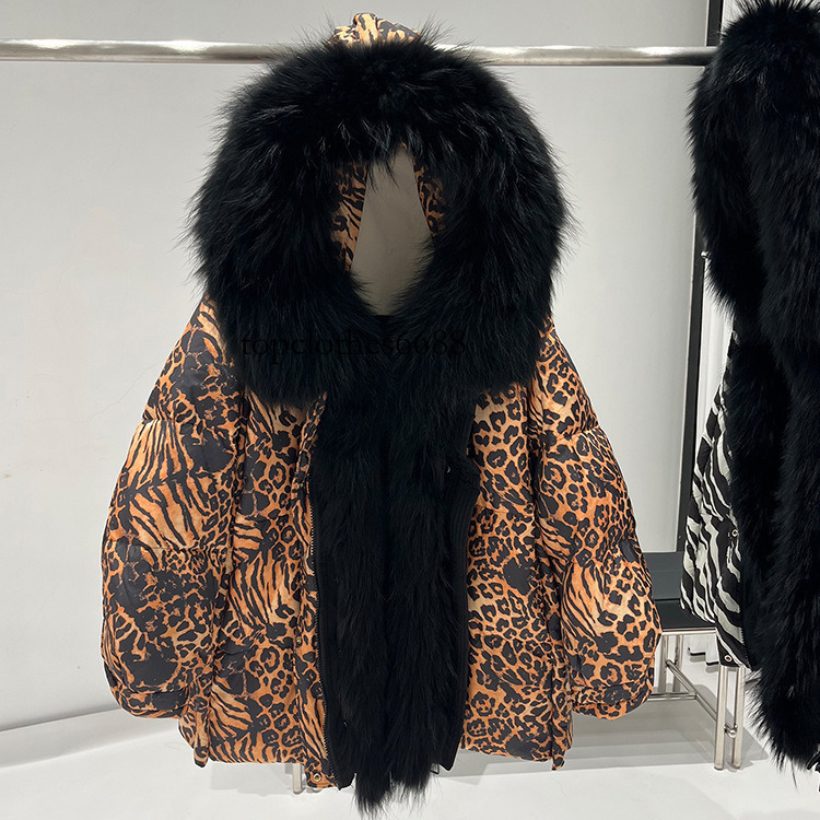 2026 winter new leopard print luxury raccoon fur collar hooded down jacket for women, mid-length, loose fit, thickened, and warm