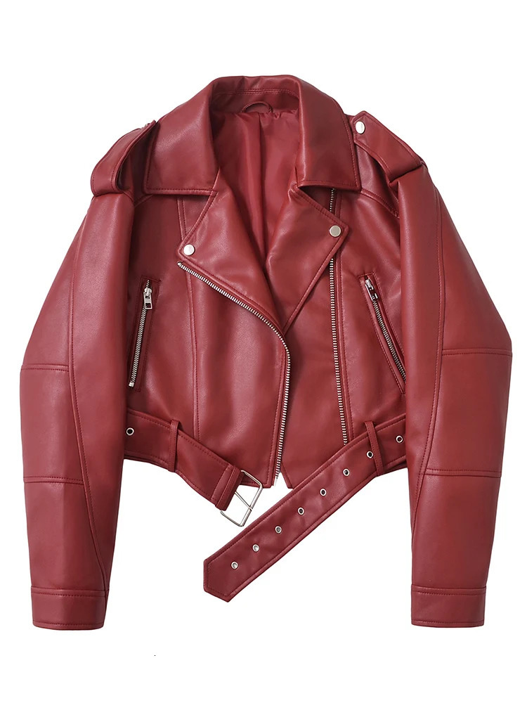 Ailegogo Streetwear Women Loose Short Pu Faux Leather Jacket Moto Biker Female Belt Zipper Coat Outwear 261008