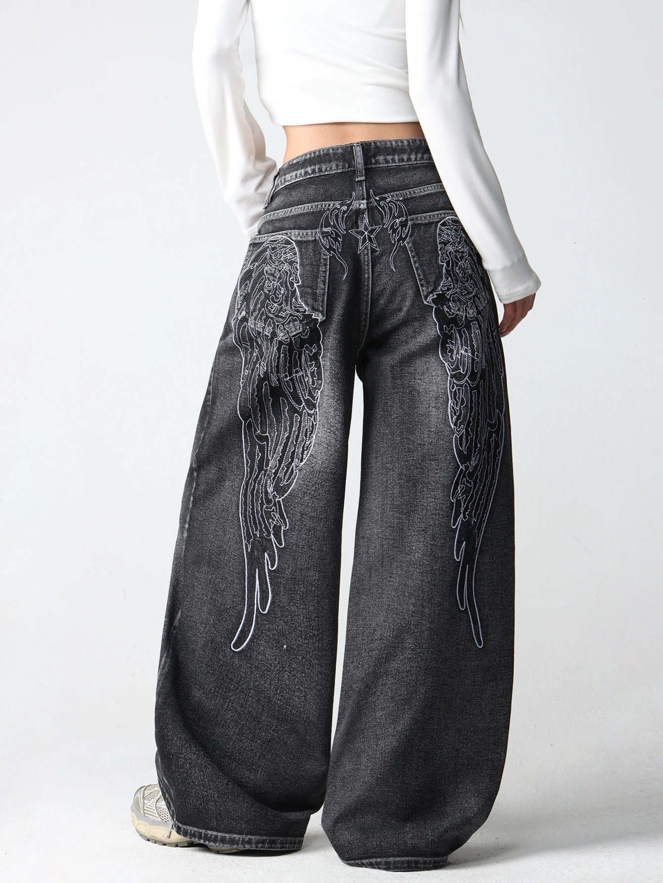 1 Pc American Retro Creative Wings Embroidered Black Loose Jeans Women Y2K Street Fashion Versatile Slimming Wide Leg Pants 261013