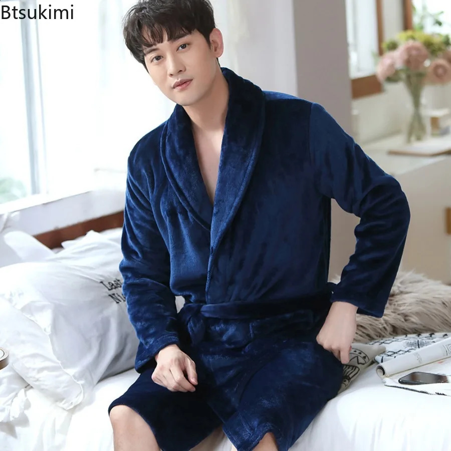 2026 Autumn Winter Mens Warm Casual Loose Kimono Bathrobe Flannel Robe for Men Thick Sleepwear Nightgown Male 261017