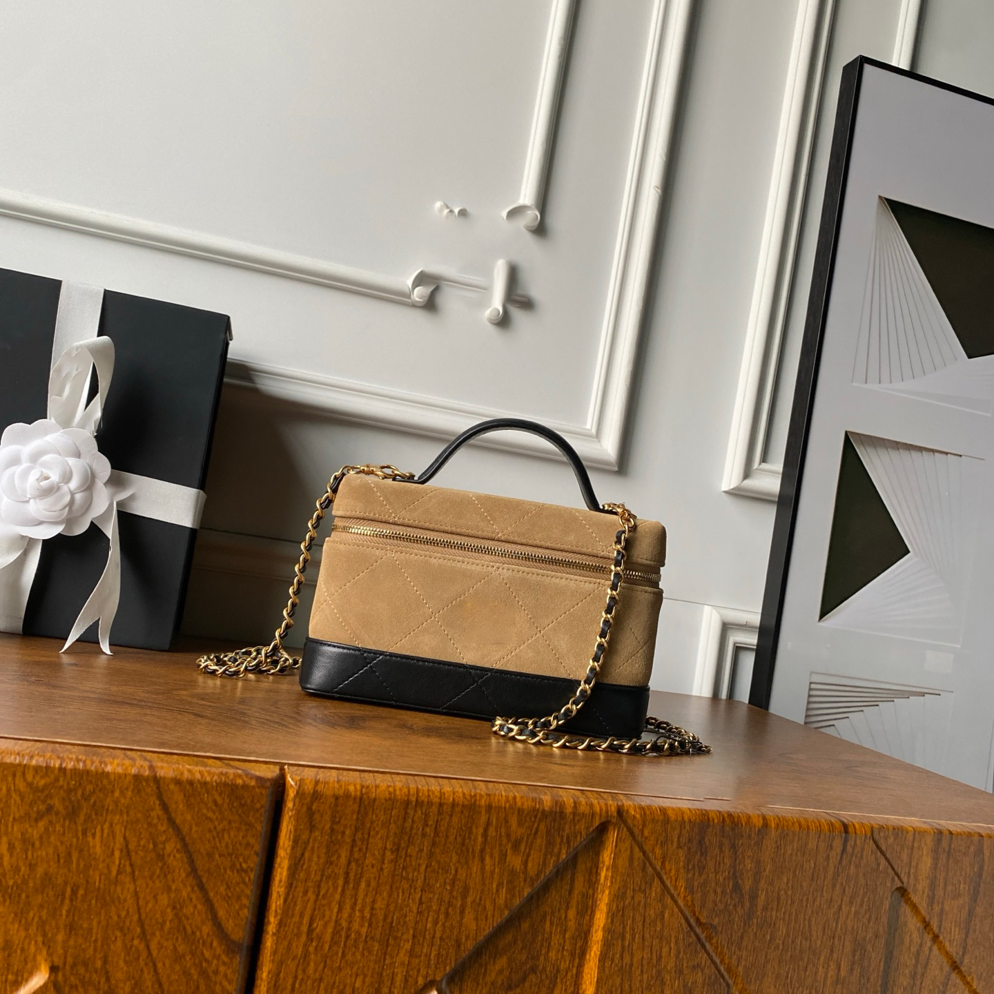 Suede and Leather Patchwork Diamond-Quilted Box Bag: Vintage Tote, Chain-Strap Crossbody, Makeup Bag, Women's Handbag, Evening Bag