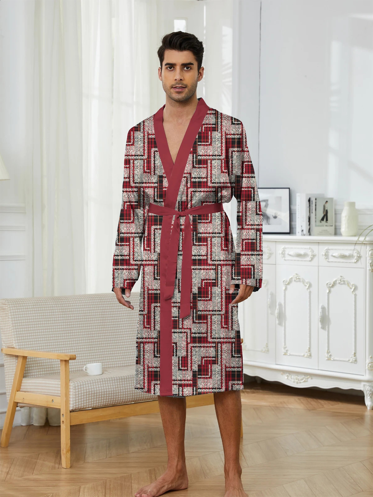 Mens Robes Autumn Winter Men Pajamas Bathrobe Long Sleeve Soft Comfy Casual Lace Up Shower Robe Mid Length Male Loungewear 261017