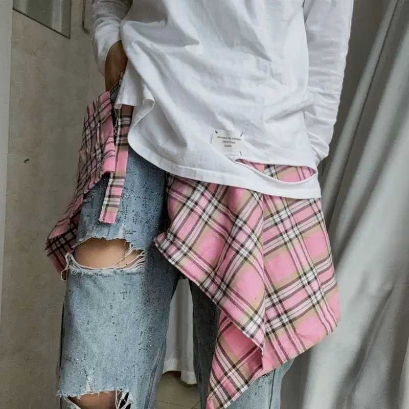 Irregular Skirts Hop Plaid Hip Men and Women Fake Shirt Hem Spring Autumn False Shirt Skirt Half-body Denim Skirts Womens Jupe Saia W261017