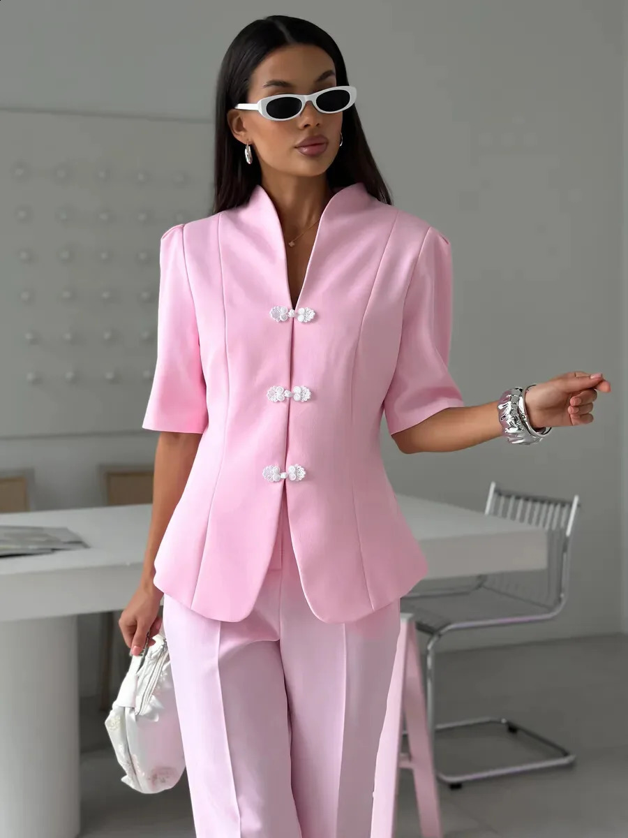 2026 Spring Summer Elegant Women 2Pcs Pant Suit Short Sleeve Frog Button Slim Blazer Wide Leg Trousers Formal Office Outfit 261013
