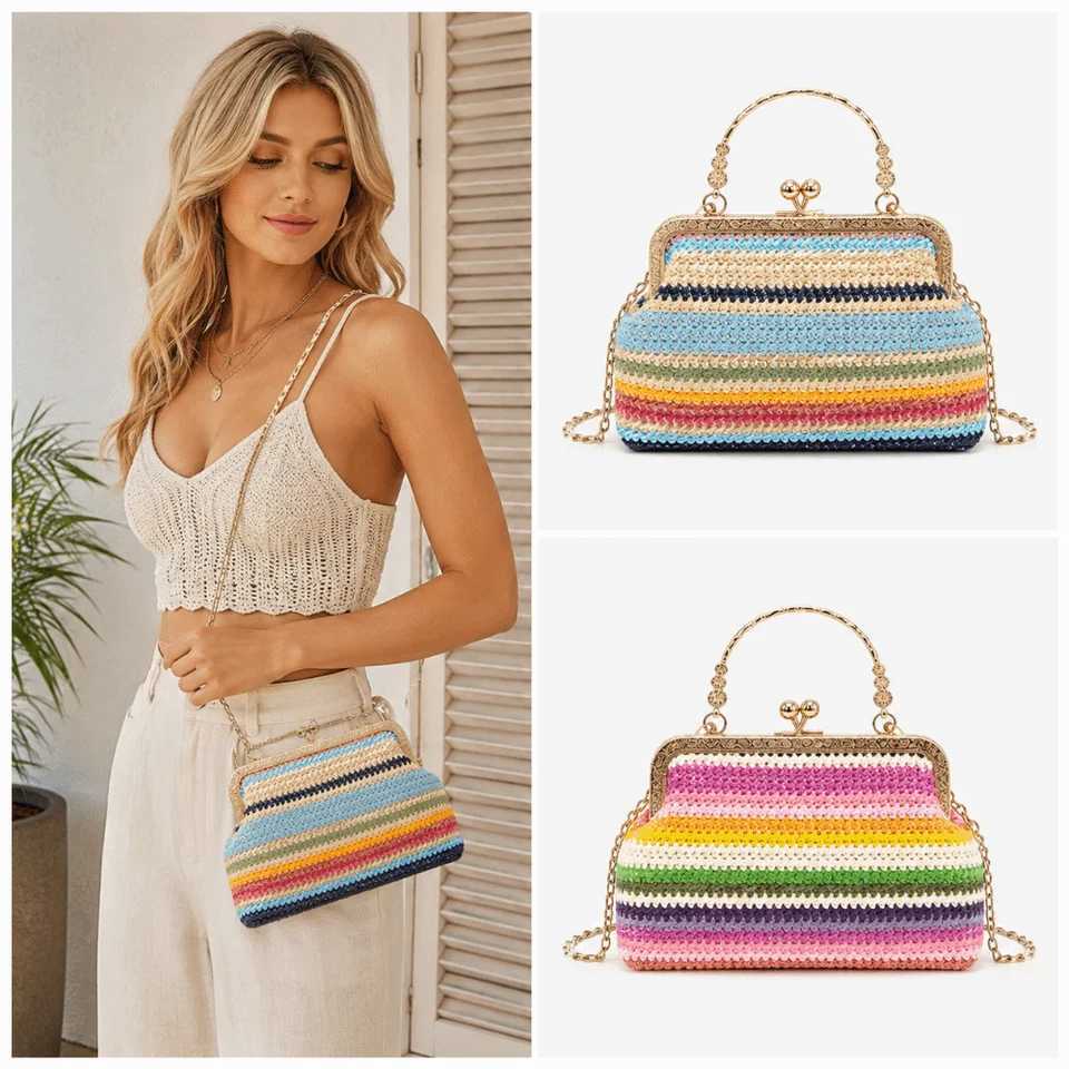 Cross Body Rainbow Striped Straw Woven Handbag Chain Strap Kiss Lock Closure Women Shoulder Bag Large Capacity Metal Handle Crossbody Bag H261016