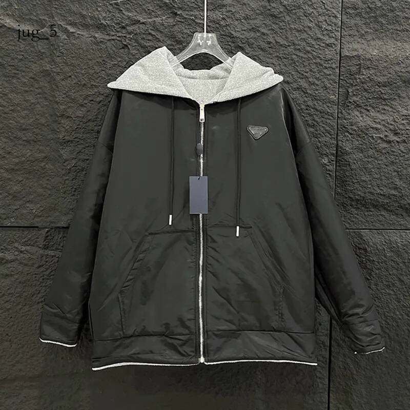 pradmen jacket Designer Luxury brand Unisex Reversible Triangle Logo Nylon Jacket Black Gray Hooded Zip Up Loose Fit Streetwear Men Women Outerwear