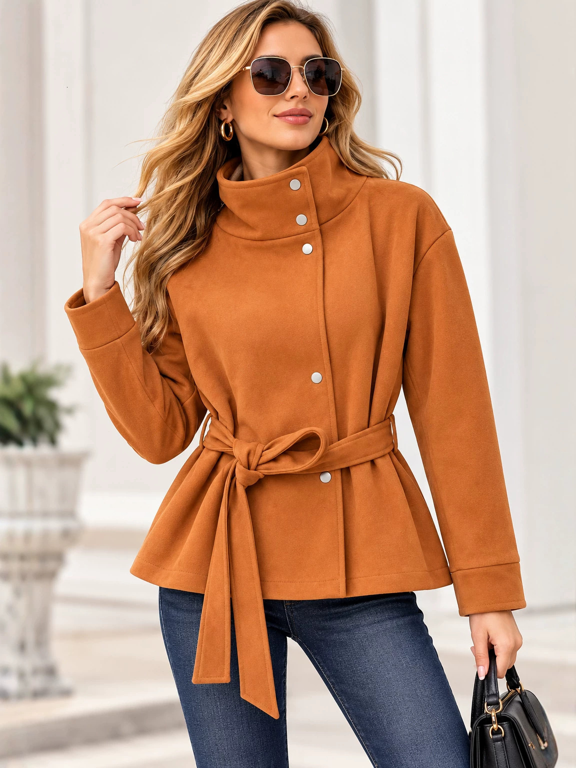 Women 2026 Autumn Winter Solid Color Long Sleeve Button Waist Cinching Tie Front Jacket European American Trendy Soft Elegant Daily Street Outerwear