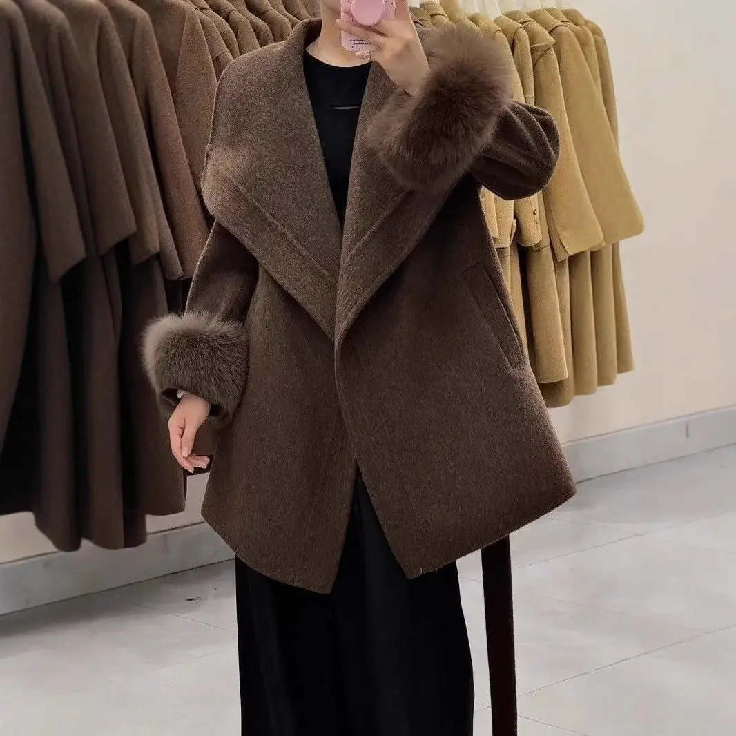 High End DoubleSided Woolen Coat For Women 2026 Autumn And Winter Striped Edge Long Fur Temperament Fashionable 261010