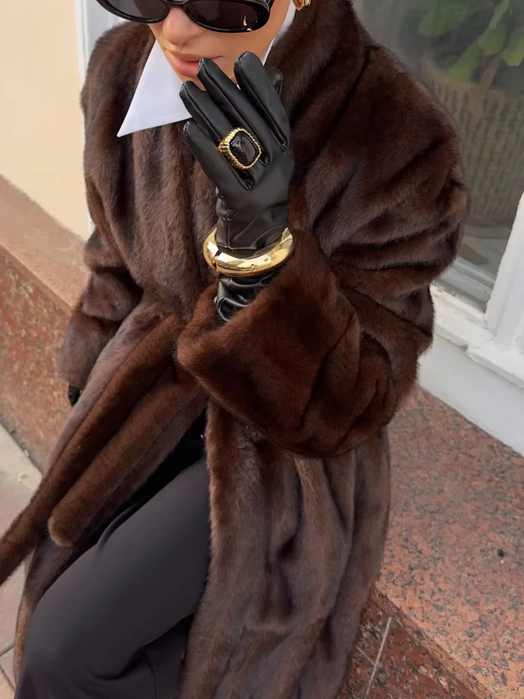 Women Casual Brown Lace Up Faux Fur Coat Turtleneck Full Sleeve Fluffy Loose Striped Long Coats Lady Winter Daily Street Jacket 261015