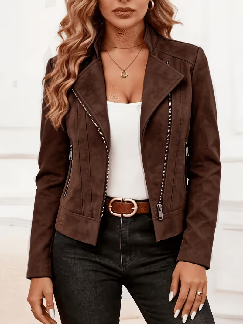 Women 2026 Autumn Winter Suede Stand Collar Solid Color Zip Jacket With Pockets Slim Fit Trendy Soft Elegant Daily Street Outerwear For Ladies