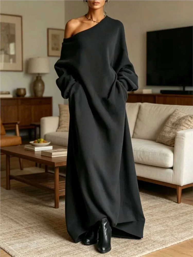 Slant Neck Loose Party Dress Women's Long Sleeved Solid Color Pocket Dress 2026 Spring And Autumn Casual Simple Women's Dress 261014