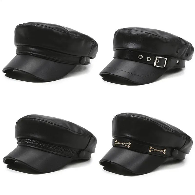 British Style Berets Visor Pu Leather Flat Top Hat Retro Black Painter Hat Classic Versatile Adjustable Beret Casual Sun Hats261016