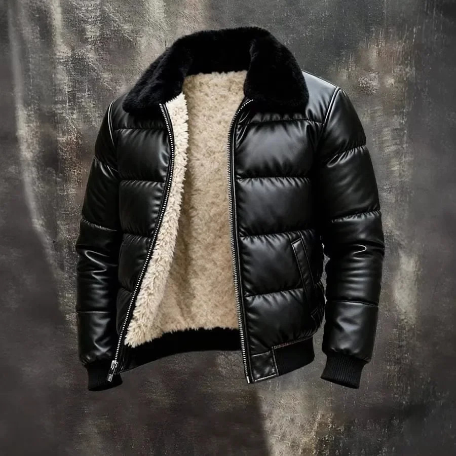 Thickened Fleece Lined PU Leather Jacket Men's Fur Collar Coat Warm Windproof for Winter Casual Wear Tailormade Sets 261014